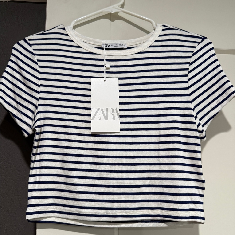 Zara White and Blue Cropped Fitted T-Shirt